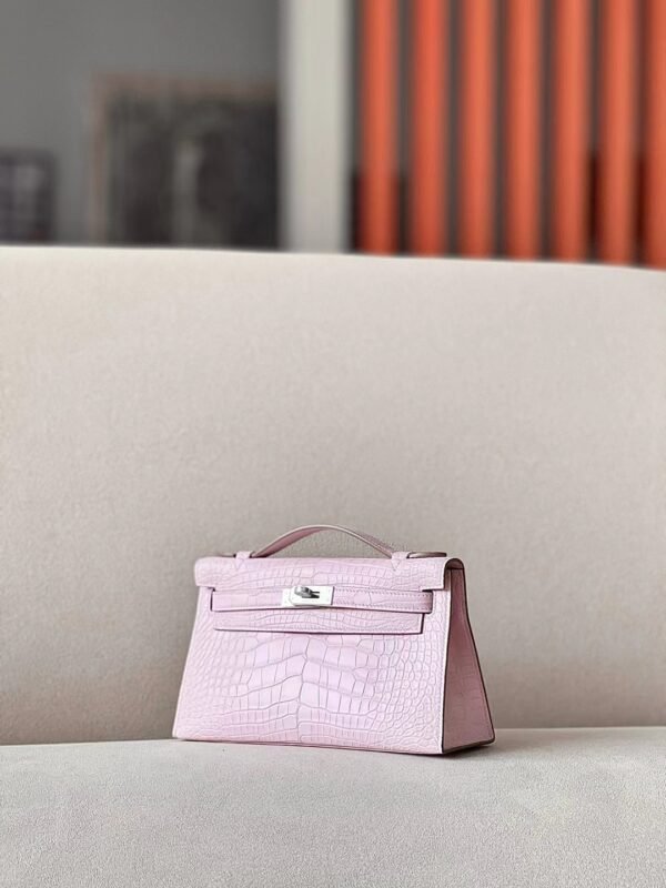 Hermes mini Kelly pochette Alligator 09 Light Purple Pink Silver Hardware 22cm Full Handmade