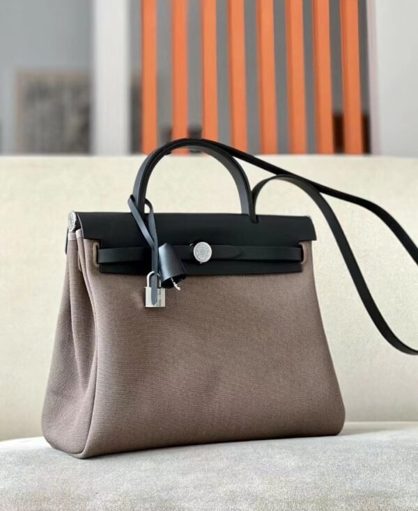 e9d519fd8574b7e-1 Hermes Herbag Barenia & Canvas CK18 Etoupe Grey & CK89 Black Silver Hardware 31cm Full Handmade