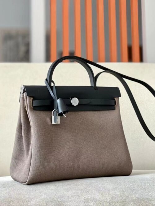 Hermes Herbag Barenia & Canvas CK18 Etoupe Grey & CK89 Black Silver Hardware 31cm Full Handmade