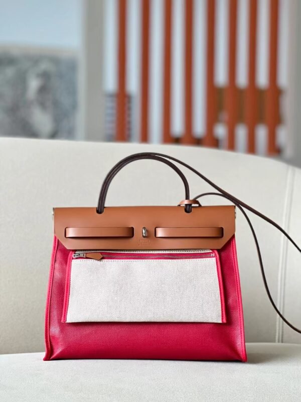 Hermes Herbag Barenia & Canvas Red & Golden Brown Silver Hardware 31cm Full Handmade