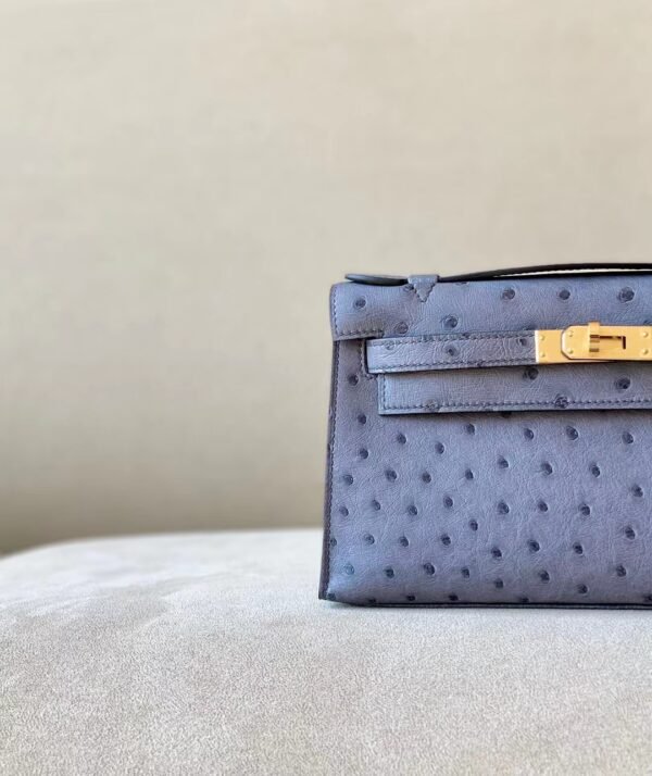 Hermes Mini Kelly pochette Ostrich 82 Agate grey Gold Hardware 22cm Full Handmade