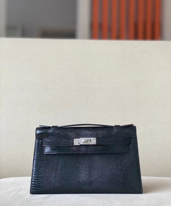 Hermès Kelly pochette Lizard CK89 Black Silver Hardware 22cm Full Handmade