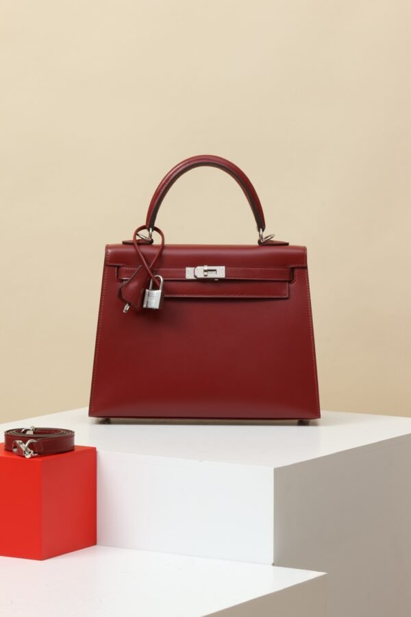 GPC Mode Kelly Shiny Box Leather Bordeaux wine red Silver Hardware 25cm Full Handmade