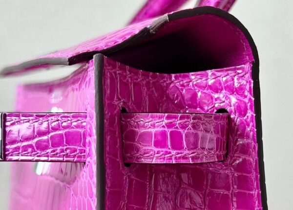 Hermes mini Kelly Shiny Wild Alligator crocodile Deep Rose Purple Silver Hardware 19cm Full Handmade