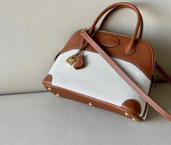 Hermes Bolide Swift & Canvas Golden Brown & White Gold Hardware 31cm Full Handmade