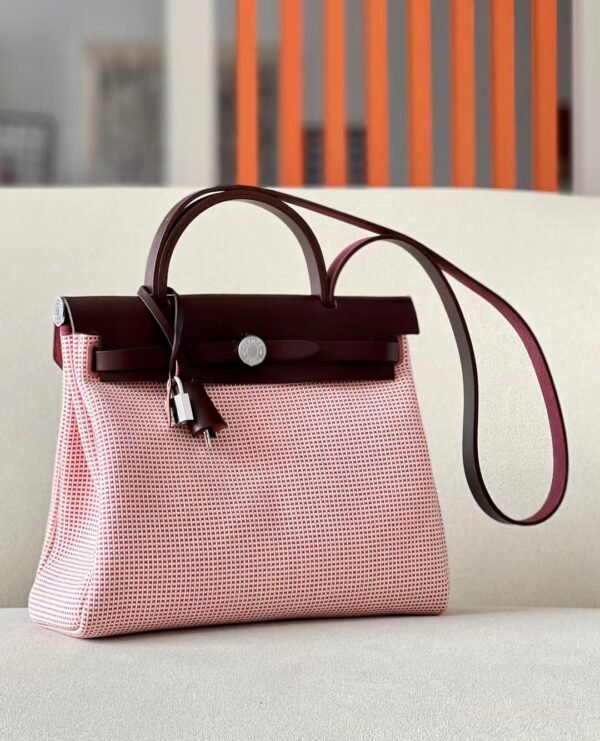 eeedb8dd4bea470-1 Hermes Herbag Barenia & Canvas Red & White knit Saddle red Silver Hardware 31cm Full Handmade