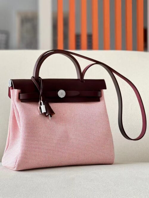 Hermes Herbag Barenia & Canvas Red & White knit Saddle red Silver Hardware 31cm Full Handmade