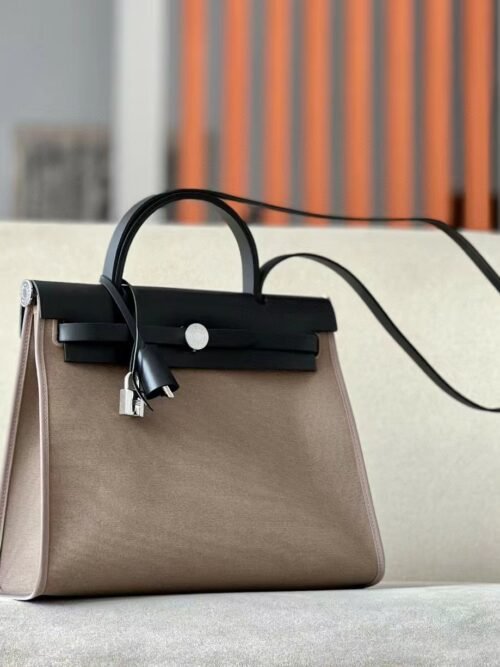 Hermes Herbag Barenia & Canvas CK18 Etoupe Grey & CK89 Black Outer seam Silver Hardware 31cm Full Handmade