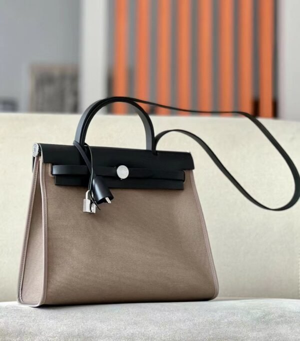 Hermes Herbag Barenia & Canvas CK18 Etoupe Grey & CK89 Black Outer seam Silver Hardware 31cm Full Handmade