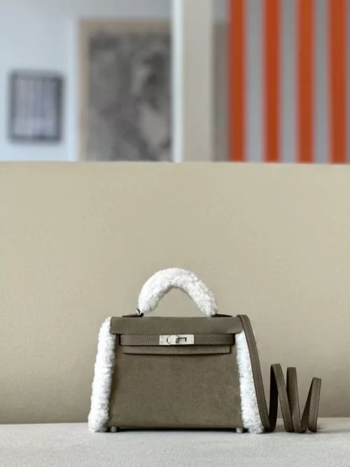 Hermès Mini Kelly chamois & swift & Lamb wool CK18 Etoupe Grey Silver Hardware 19cm Full Handmade