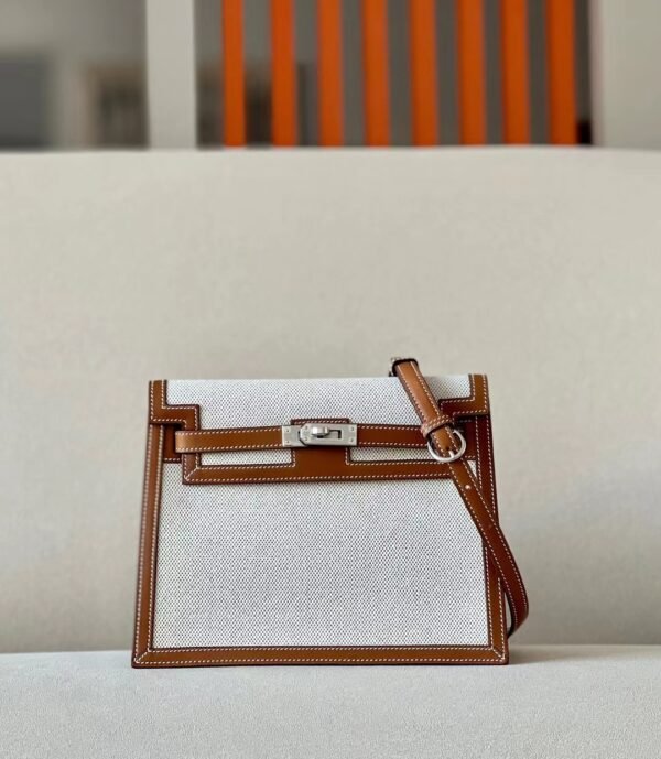 Hermes Kelly dance Barenia & canvas Golden Brown Silver Hardware 22cm Full Handmade