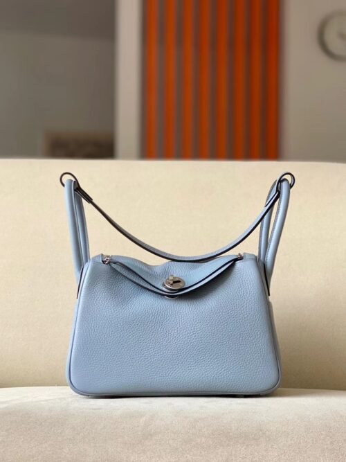 Hermes Lindy TC Leather J7 Linen blue Silver Hardware 26cm Full Handmade