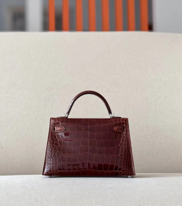 Hermes Mini Kelly Shiny Alligator crocodile Reddish Brown Silver Hardware 19cm Full Handmade