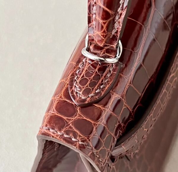 Hermes Mini Kelly Shiny Alligator crocodile Reddish Brown Silver Hardware 19cm Full Handmade