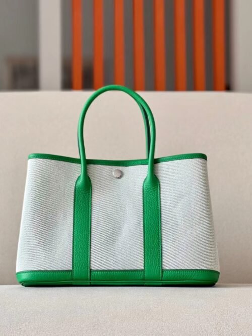 Hermes Garden party NE Leather & canvas Creamy White & Bamboo green Silver Hardware 30cm Full Handmade