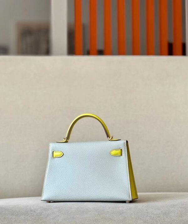 Hermès mini Kelly Chevre 80 Pearl grey & 9R Lemon yellow Gold Hardware 19cm Full Handmade