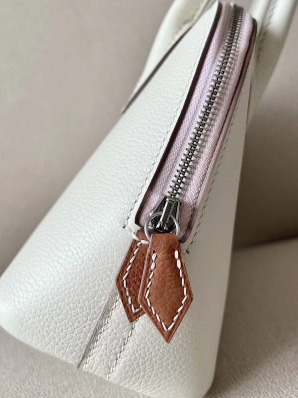 Hermès Mini Bolide Evercolor 0T Mushroom white & CK37 Golden Brown & 09 Purple Silver Hardware 18cm Full Handmade