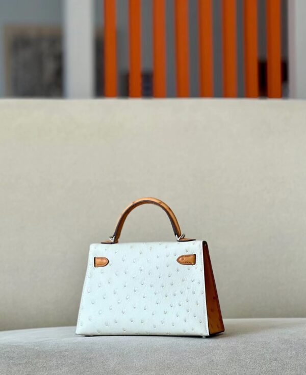 f9b05623f3dc626 Hermes Mini Kelly Ostrich 8L Ice White & 22 Desert color Silver Hardware 19cm Full Handmade