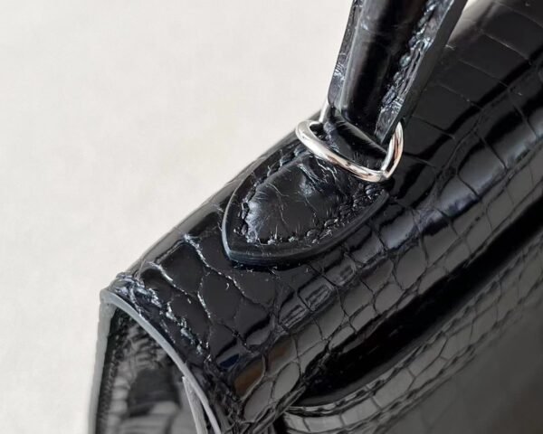 Hermes mini Kelly Shiny Wild Alligator crocodile CK89 Black Silver Hardware 19cm Full Handmade