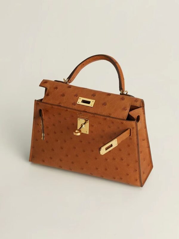GPC Mode mini kelly Ostrich Leather Golden brown Gold Hardware 19cm Full Handmade