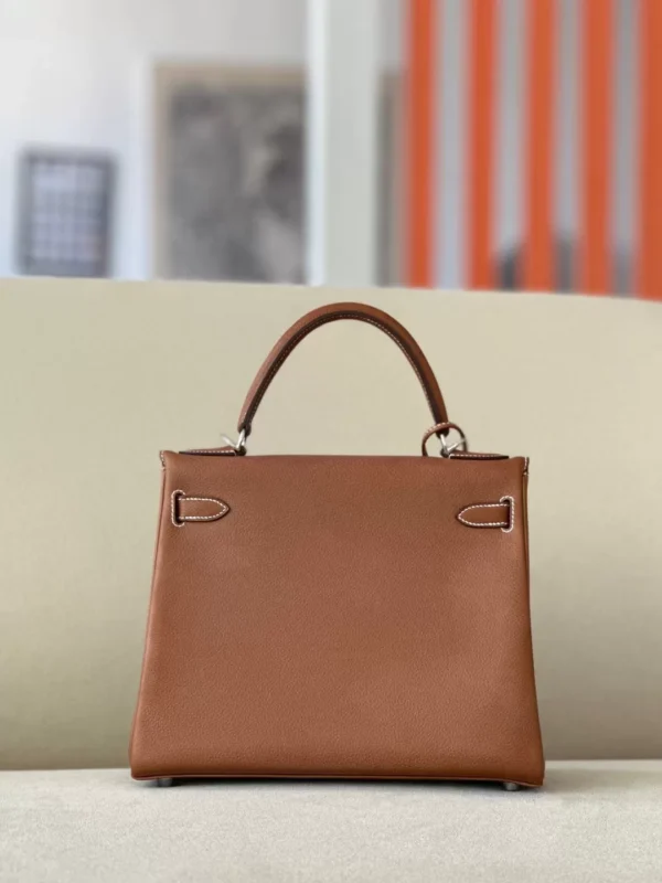 Hermès Kelly Barenia CK37 Golden Brown Silver Hardware 28cm Full Handmade