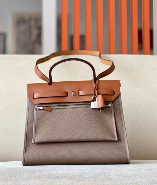 Hermes Herbag Barenia & canvas CK18 Etoupe Grey & Coffee Silver Hardware 31cm Full Handmade