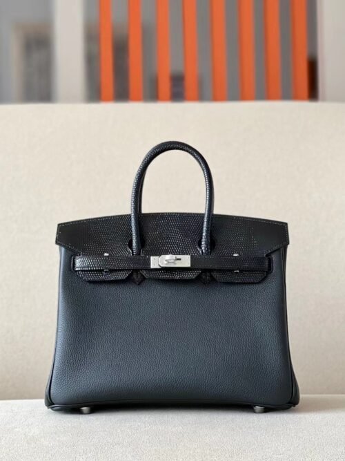 Hermes Birkin Togo & Lizard CK89 Black Silver Hardware 25cm Full Handmade