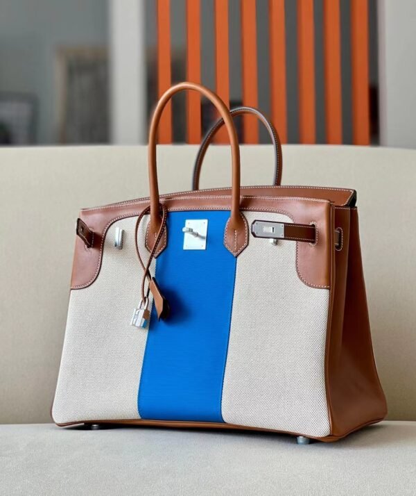 Hermes Birkin GARGO canvas & Barenia Brown & White & Blue Silver Hardware 35cm Full Handmade
