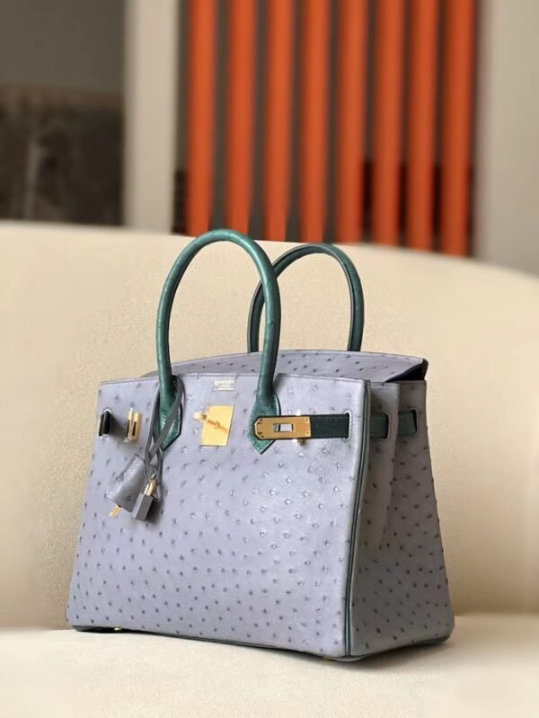 Hermes Birkin Ostrich Leather 82 Agate grey & 1T Deep Green Gold Hardware 30cm Full Handmade