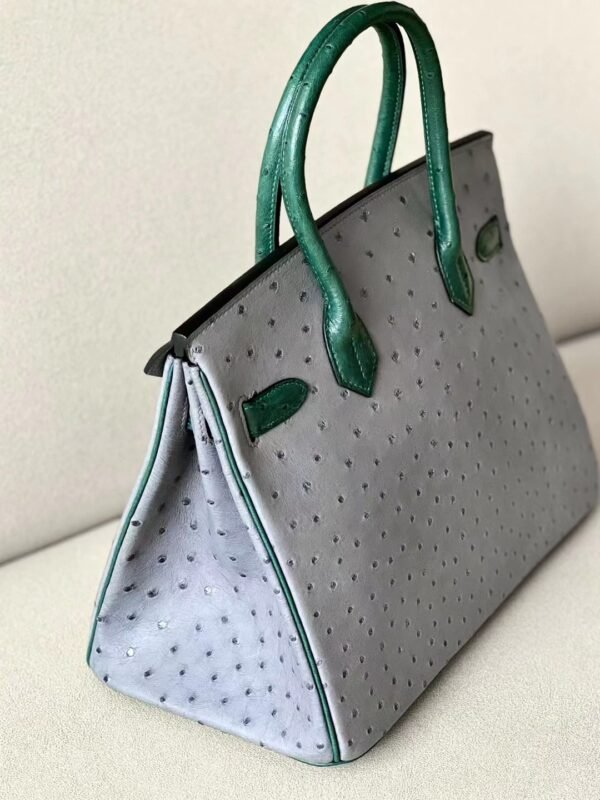 Hermes Birkin Ostrich Leather 82 Agate grey & 1T Deep Green Gold Hardware 30cm Full Handmade
