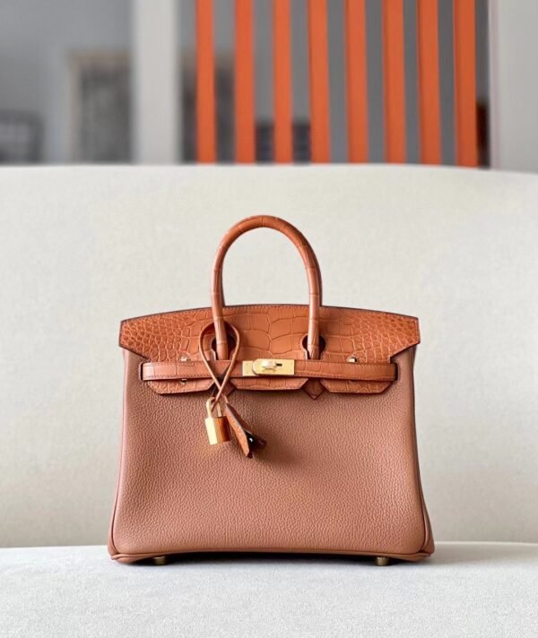 Hermes Birkin Togo & Matte Alligator crocodile CK37 Golden Brown Gold Hardware 25cm Full Handmade