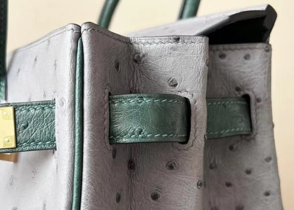 Hermes Birkin Ostrich Leather 82 Agate grey & 1T Deep Green Gold Hardware 30cm Full Handmade
