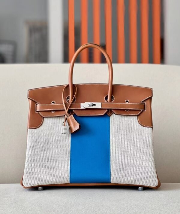 Hermes Birkin GARGO canvas & Barenia Brown & White & Blue Silver Hardware 35cm Full Handmade