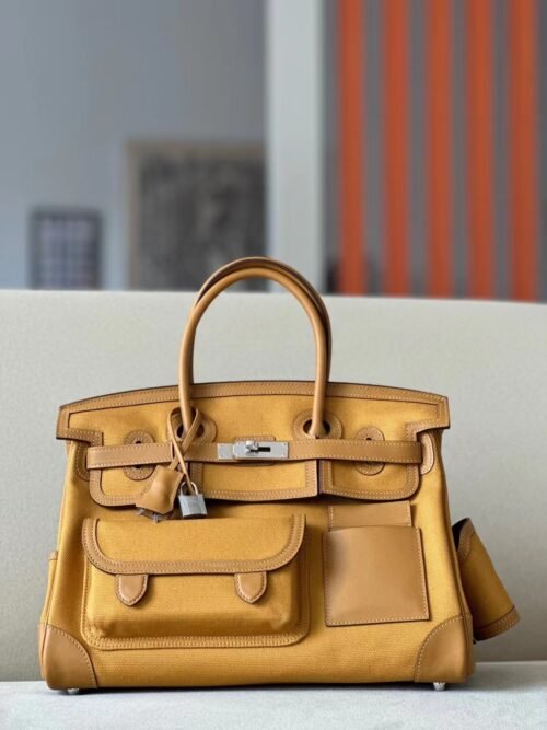 Hermès Brikin Canvas & Swift 2S Sesame yellow Silver Hardware 35cm Full Handmade