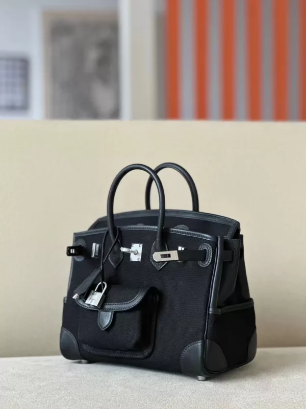 Hermès Birkin Canvas & Swift Ck89 Black Silver Hardware 25cm Full Handmade