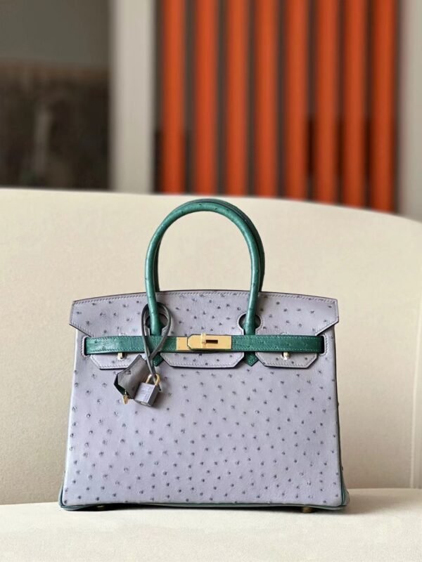 Hermes Birkin Ostrich Leather 82 Agate grey & 1T Deep Green Gold Hardware 30cm Full Handmade