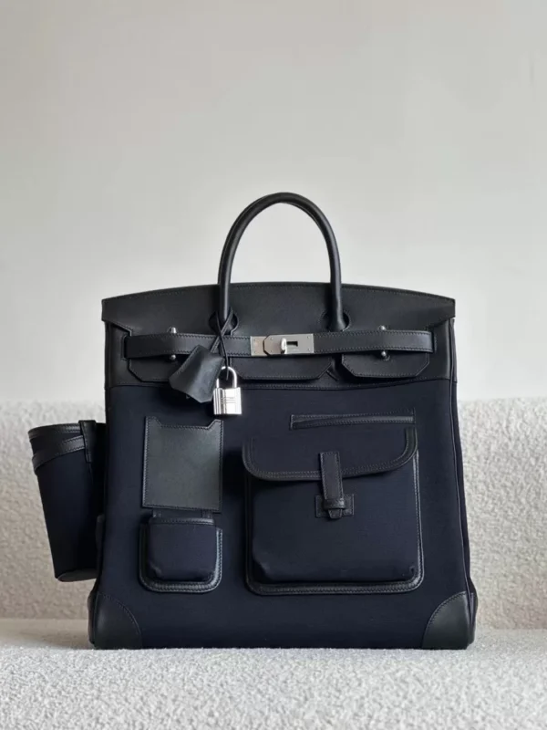 Hermès Birkin Swift & Canvas CK89 Black & 2Z Deep Blue Silver Hardware 40cm Full Handmade