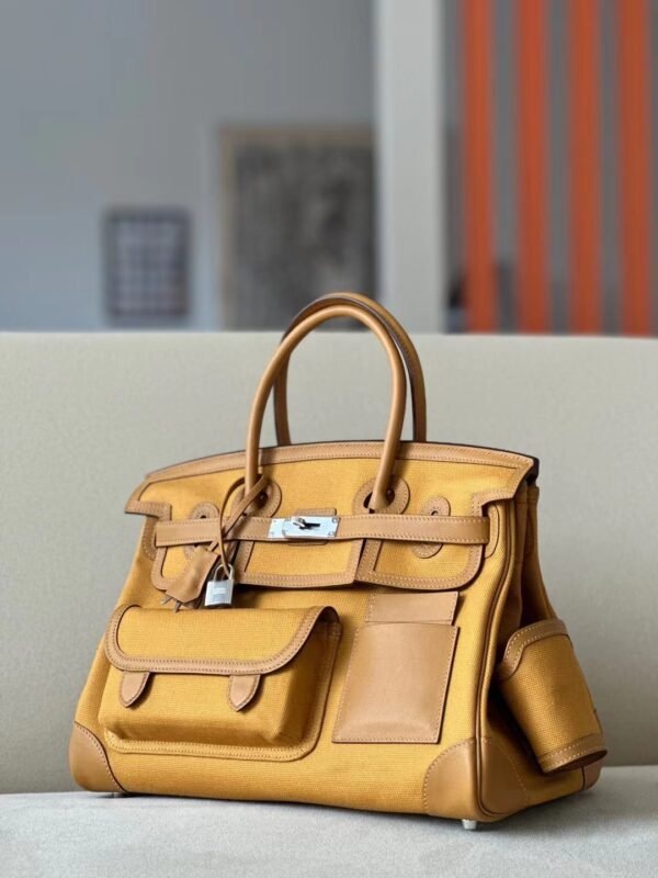 Hermès Brikin Canvas & Swift 2S Sesame yellow Silver Hardware 35cm Full Handmade