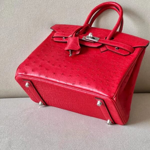 Hermes Birkin Ostrich 95 Ferrari red Silver Hardware 25cm Full Handmade
