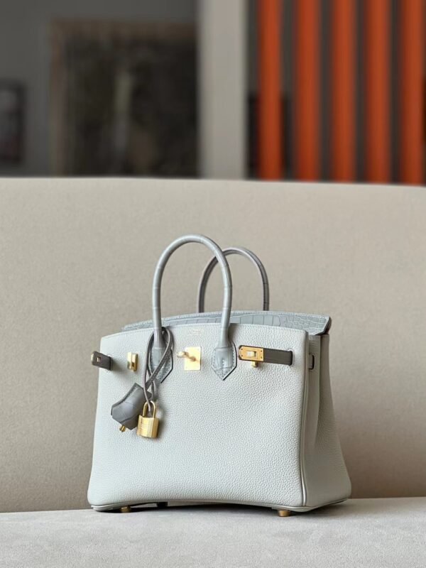 Hermes Birkin Togo & Matte Alligator crocodile 80 Pearl grey Gold Hardware 25cm Full Handmade