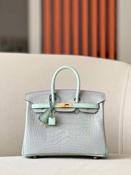 Hermes Birkin Matte Alligator 80 Pearl grey & 6U Mint green Gold Hardware 25cm Full Handmade