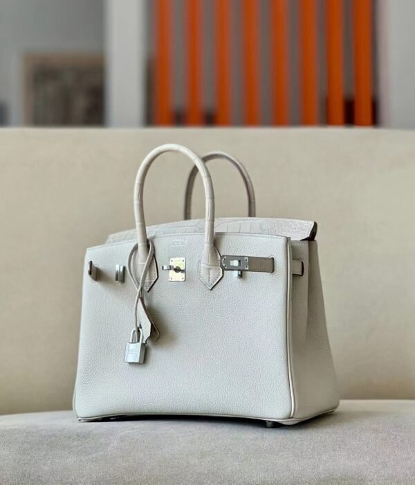Hermes Birkin Togo & Matte Alligator 8L Ice White Silver Hardware 25cm Full Handmade