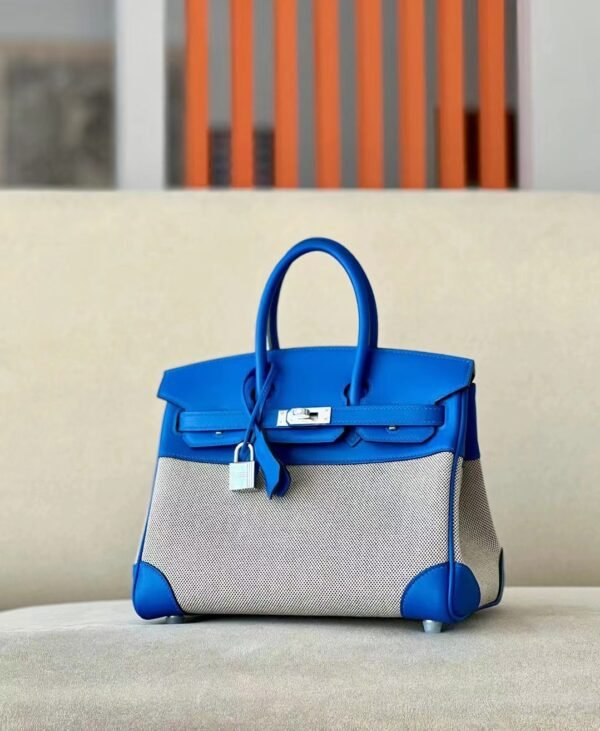 Hermes Birkin Barenia & Canvas 71 Blue Silver Hardware 30cm Full Handmade