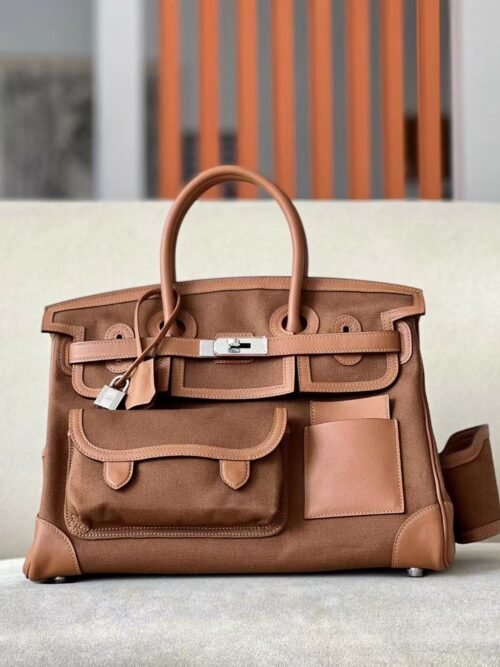 Hermes Birkin Cargo Canvas & Swift CK37 Golden Brown Silver Hardware 35cm Full Handmade