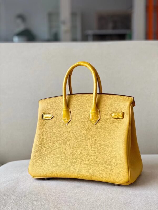 Hermès Birkin togo & Niloticus 9D Amber yellow Silver Hardware 25cm Full Handmade