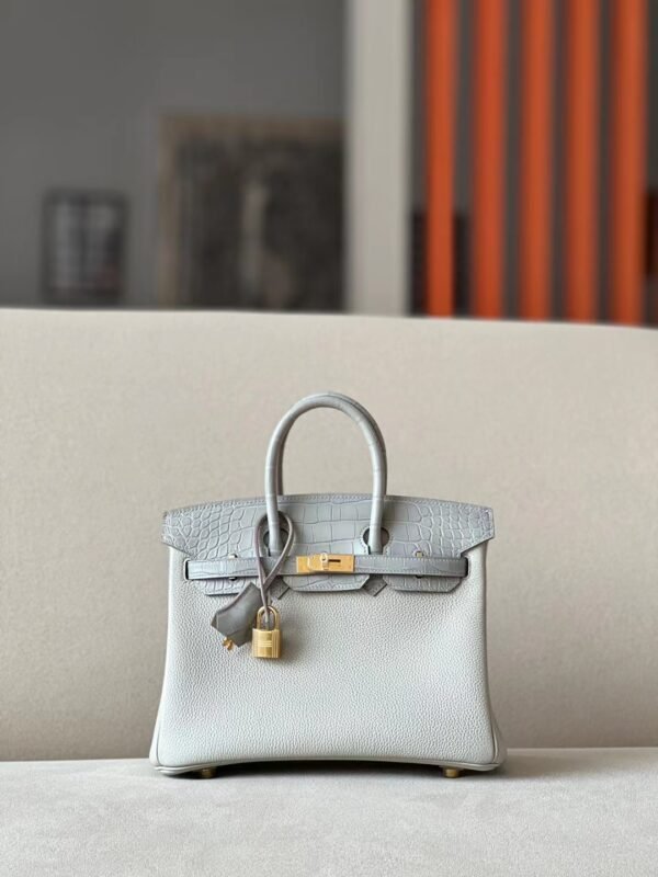 Hermes Birkin Togo & Matte Alligator crocodile 80 Pearl grey Gold Hardware 25cm Full Handmade