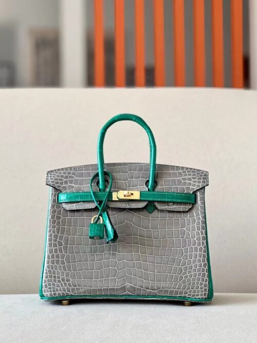 Hermes Birkin Shiny crocodile Bamboo green & Griss Gold Hardware 25cm Full Handmade