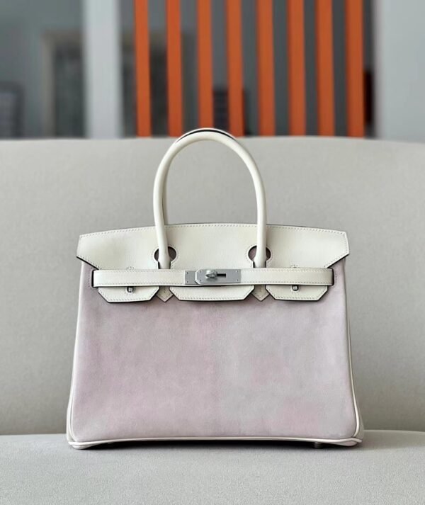 Hermès Birkin Swift & Chamois I2 Creamy White & 4W Light Purple Silver Hardware 30cm Full Handmade