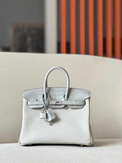 Hermes Birkin Togo & Matte Alligator crocodile Pearl grey Silver Hardware 25cm Full Handmade