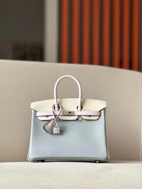 Hermes Birkin Epsom 8u Ice Blue & 10 Creamy White & 09 Light Purple Silver Hardware 25cm Full Handmade